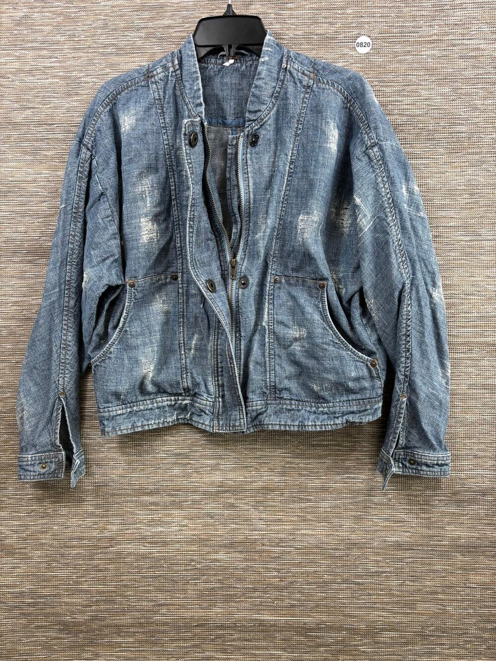 Free People Jacket Womens M Blue Denim Bomber Distressed Full Zip Pockets